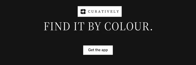 X header for Curatively: "Find it by colour." Split block style, centred layout, dark palette in black.