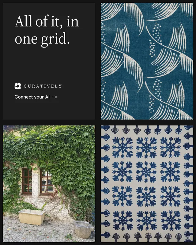 Instagram portrait post for Curatively: "All of it, in one grid." Minimal luxury style, collage layout, dark palette in black, teal, grey.