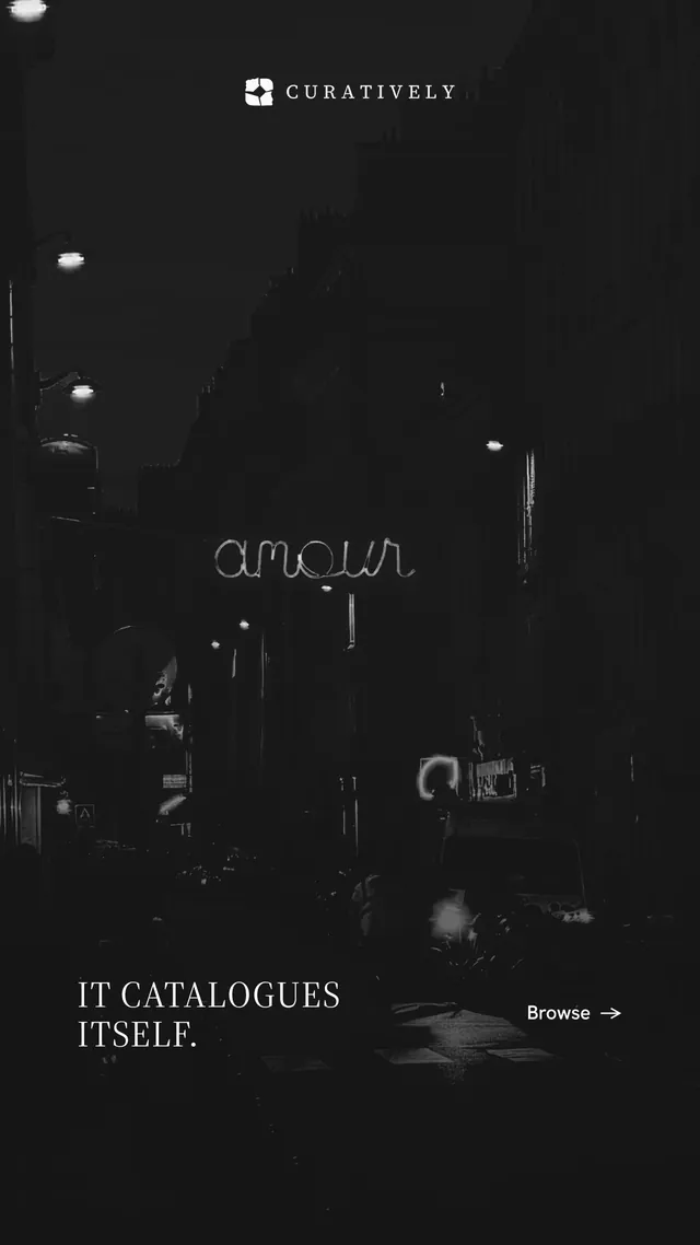 Instagram story for Curatively: "It catalogues itself." Editorial style, image led layout, dark palette in black.