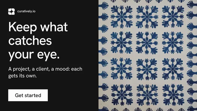 Landscape graphic for Curatively: "Keep what catches your eye." Swiss style, bottom layout, dark palette in black, grey, blue.