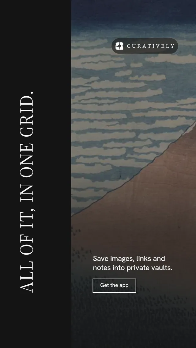 Instagram story for Curatively: "All of it, in one grid." Editorial style, vertical layout, dark palette in black, grey.