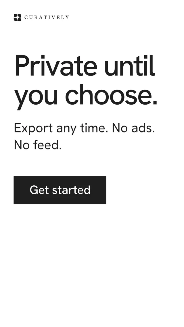 Instagram story for Curatively: "Private until you choose." Swiss style, skeleton layout, light palette in white.