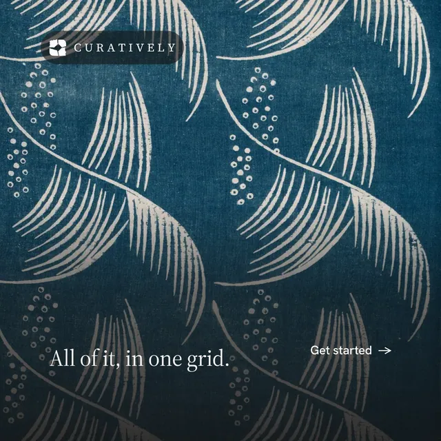 Instagram post for Curatively: "All of it, in one grid." Minimal luxury style, image led layout, dark palette in blue, grey.