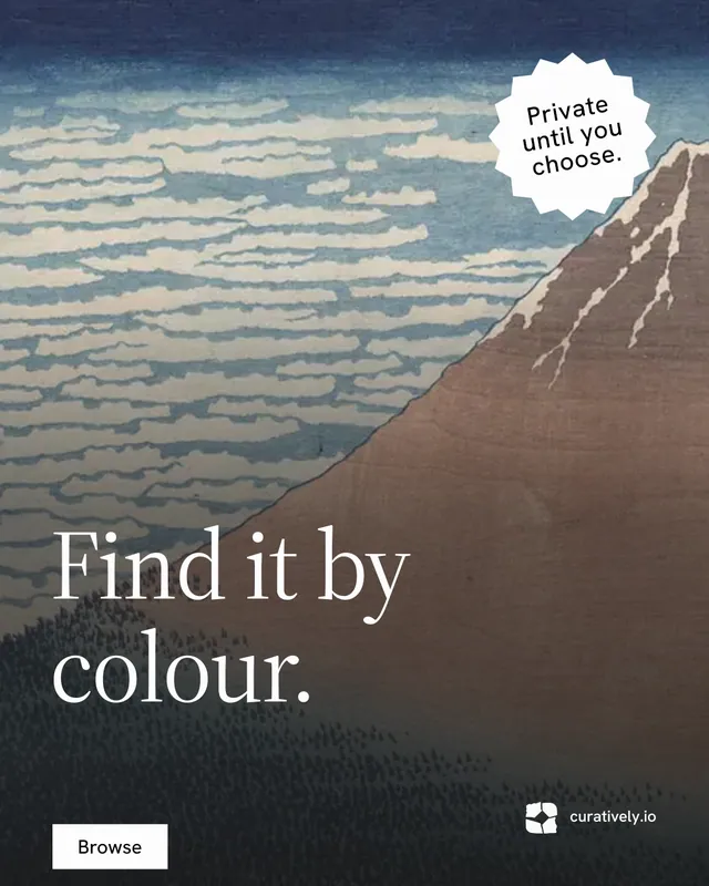 Instagram portrait post for Curatively: "Find it by colour." Split block style, sticker layout, dark palette in grey, black.