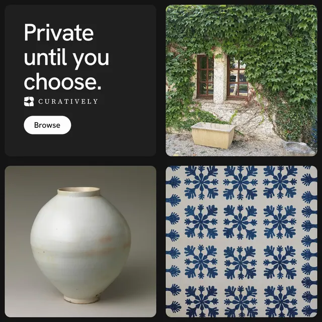 Instagram post for Curatively: "Private until you choose." Photo poster style, collage layout, dark palette in black, grey.