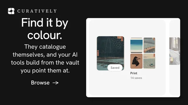 Landscape graphic for Curatively: "Find it by colour." Minimal luxury style, skeleton layout, dark palette in black, white, grey.