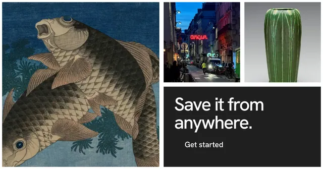 Social ad for Curatively: "Save it from anywhere." Swiss style, collage layout, dark palette in grey, black, blue.