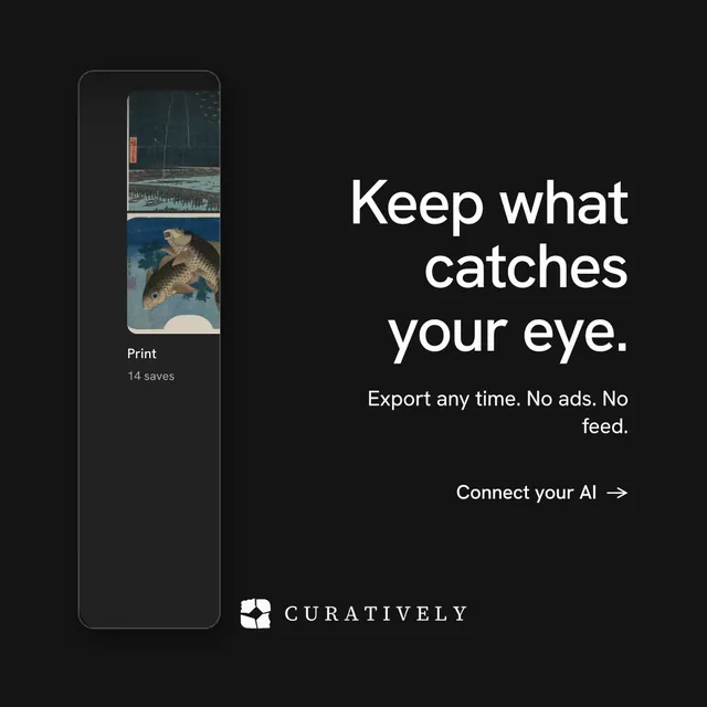 Instagram post for Curatively: "Keep what catches your eye." Minimal luxury style, right layout, dark palette in black, grey.