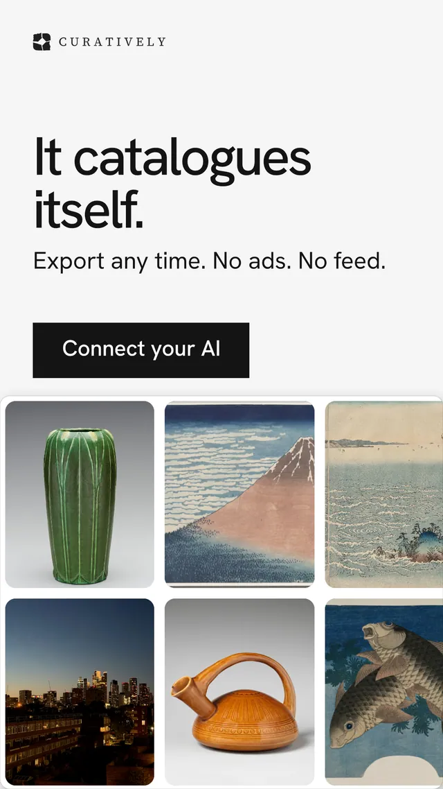 Instagram story for Curatively: "It catalogues itself." Swiss style, skeleton layout, light palette in white, grey.