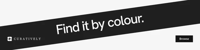 LinkedIn banner for Curatively: "Find it by colour." Swiss style, diagonal layout, light palette in white, black.