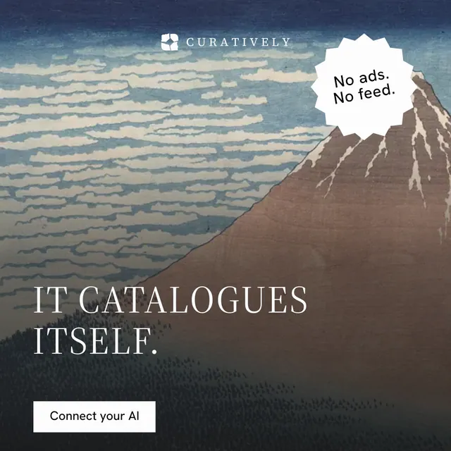 Instagram post for Curatively: "It catalogues itself." Split block style, sticker layout, dark palette in grey, black, white.