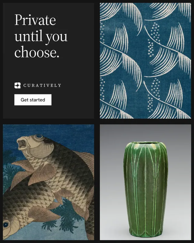 Instagram portrait post for Curatively: "Private until you choose." Split block style, collage layout, dark palette in black, blue, grey.