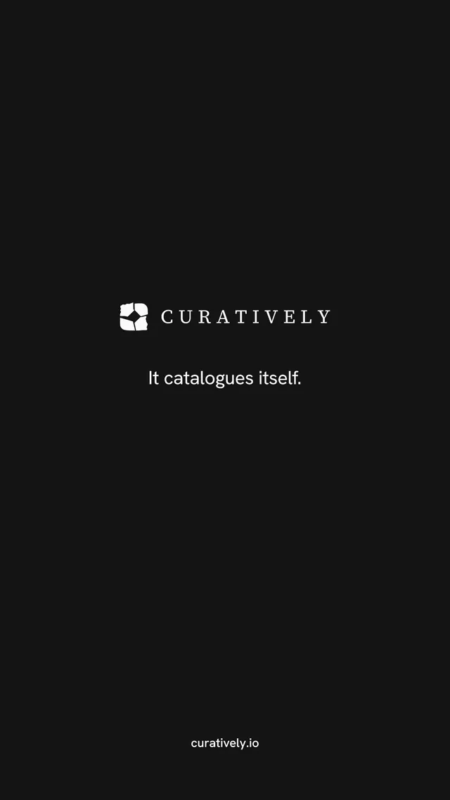 Instagram story for Curatively: "It catalogues itself." Editorial style, end card layout, dark palette in black.