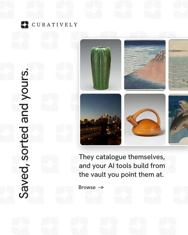 Instagram portrait post for Curatively: "Saved, sorted and yours." Minimal luxury style, vertical layout, light palette in white, grey.
