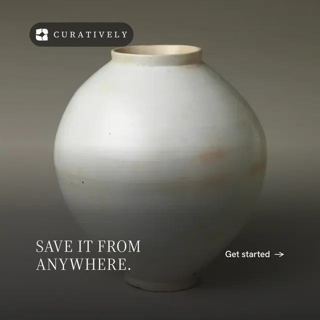 Instagram post for Curatively: "Save it from anywhere." Minimal luxury style, image led layout, dark palette in grey, black, white.