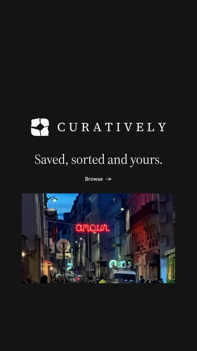 Instagram story for Curatively: "Saved, sorted and yours." Minimal luxury style, logo hero layout, dark palette in black.