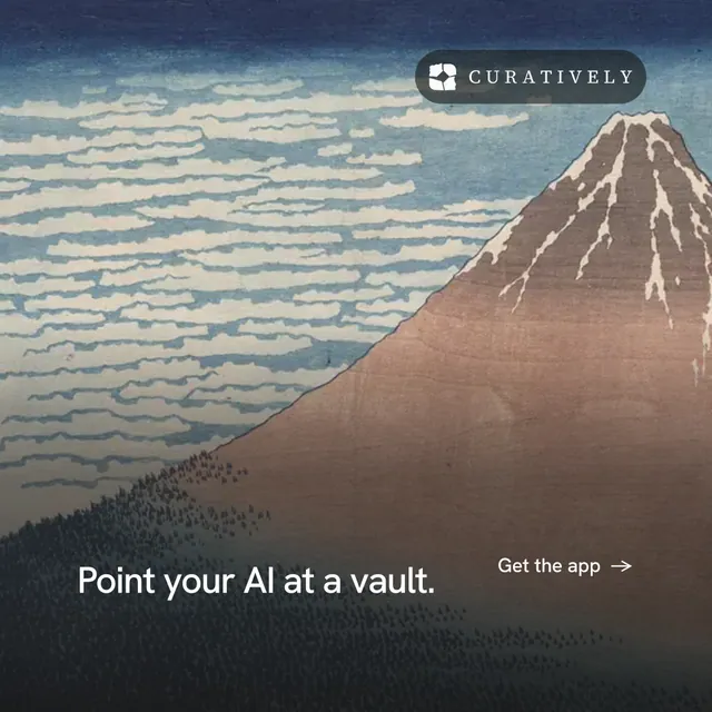 Instagram post for Curatively: "Point your AI at a vault." Minimal luxury style, image led layout, light palette in black, grey.