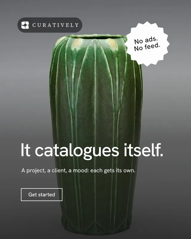 Instagram portrait post for Curatively: "It catalogues itself." Editorial style, sticker layout, dark palette in black, grey.