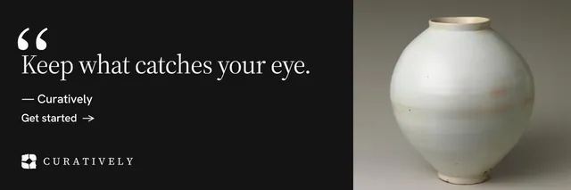 X header for Curatively: "Keep a vault for each thing you make." Minimal luxury style, quote layout, dark palette in black, grey.