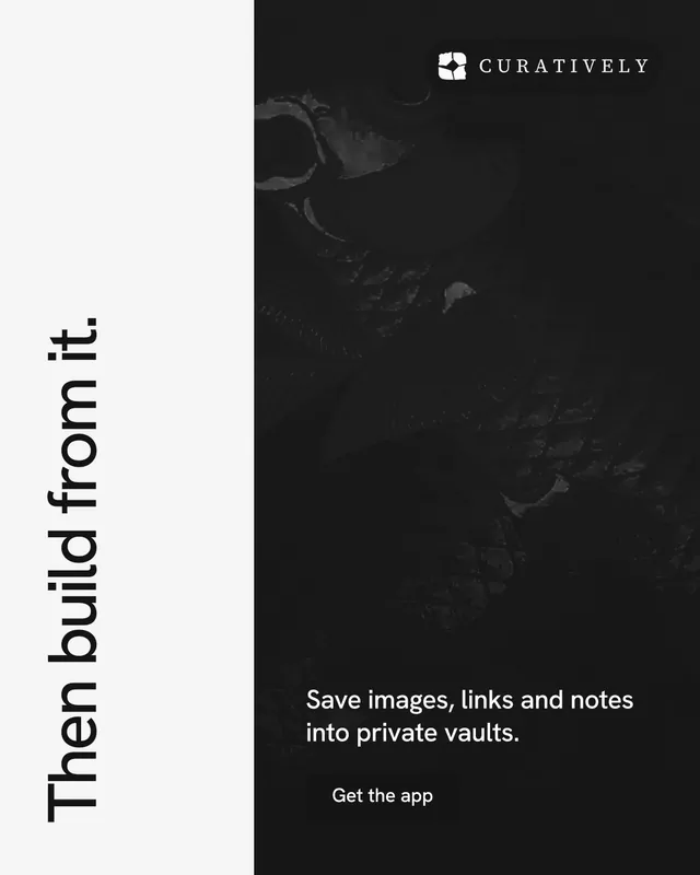 Instagram portrait post for Curatively: "Then build from it." Swiss style, vertical layout, dark palette in black, white.