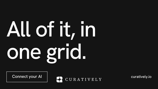Landscape graphic for Curatively: "All of it, in one grid." Editorial style, poster layout, dark palette in black, grey.
