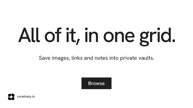 Landscape graphic for Curatively: "All of it, in one grid." Swiss style, centred layout, light palette in white.