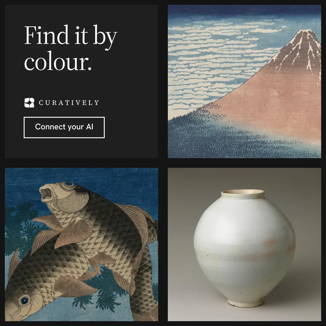 Instagram post for Curatively: "Find it by colour." Editorial style, collage layout, dark palette in black, grey.