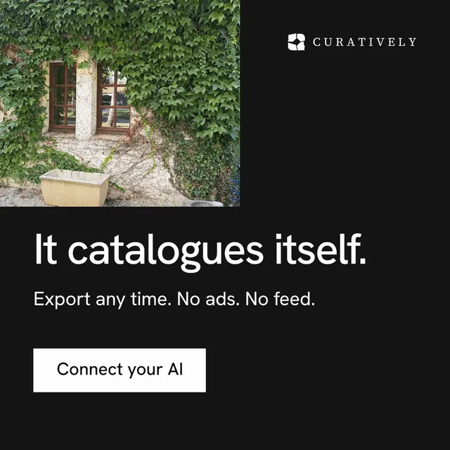 Instagram post for Curatively: "It catalogues itself." Swiss style, skeleton layout, dark palette in black, grey.