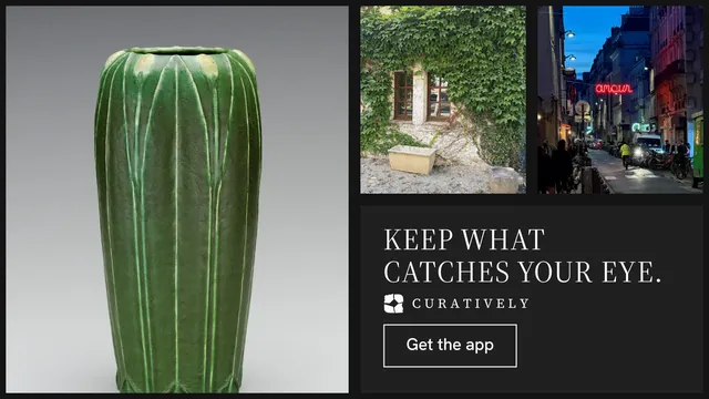 Landscape graphic for Curatively: "Keep what catches your eye." Editorial style, collage layout, dark palette in black, grey.
