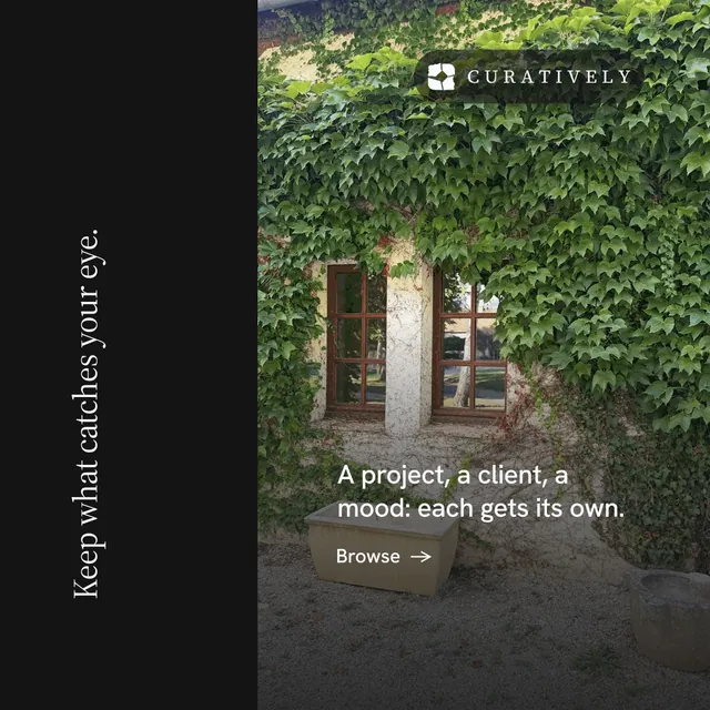 Instagram post for Curatively: "Keep what catches your eye." Minimal luxury style, vertical layout, dark palette in black, grey.