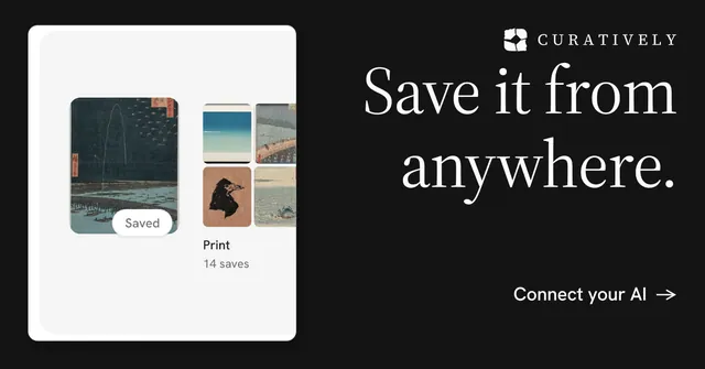 Social ad for Curatively: "Save it from anywhere." Minimal luxury style, right layout, dark palette in black, white, grey.