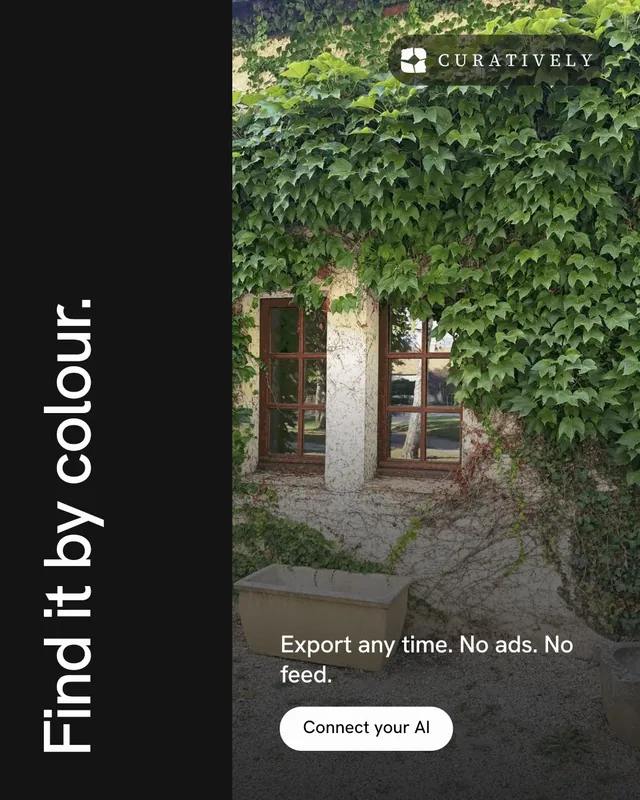 Instagram portrait post for Curatively: "Find it by colour." Photo poster style, vertical layout, dark palette in black, grey.