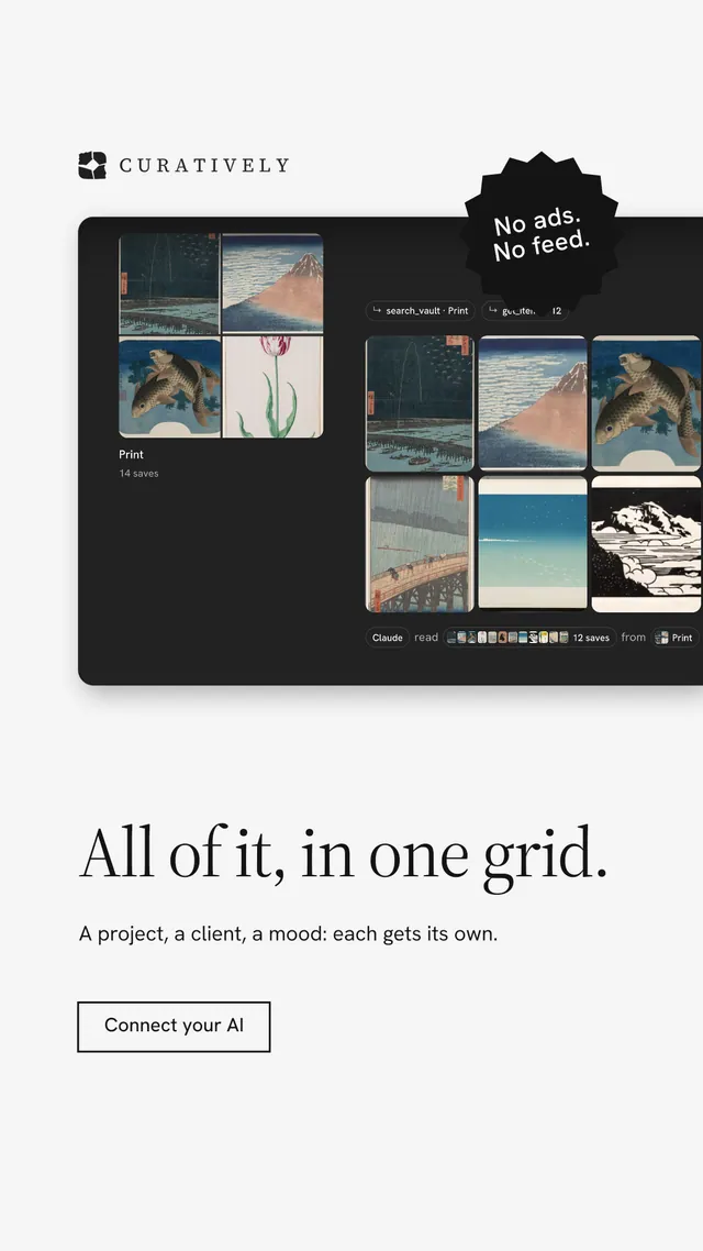Instagram story for Curatively: "All of it, in one grid." Editorial style, sticker layout, light palette in white, black, grey.