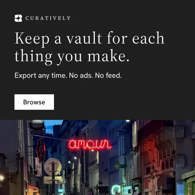 Instagram post for Curatively: "Keep a vault for each thing you make." Split block style, skeleton layout, dark palette in black, grey, blue.