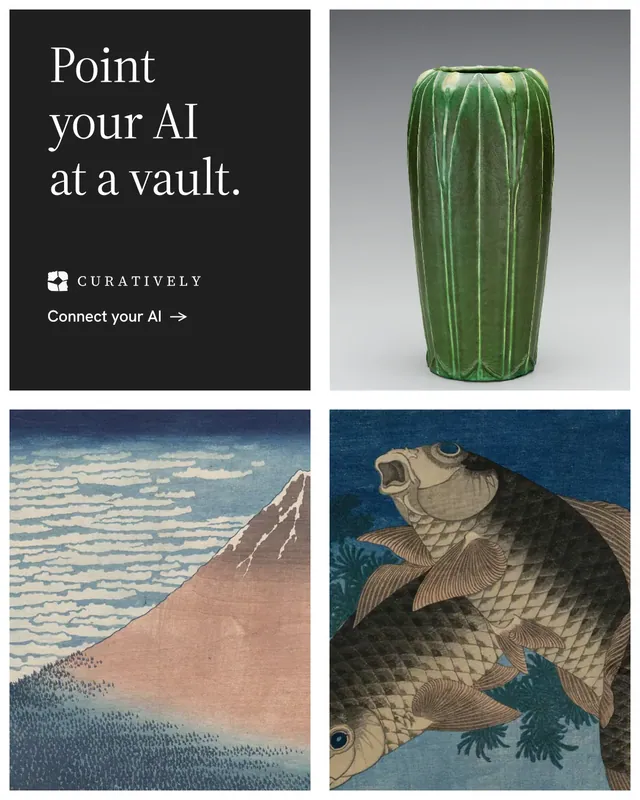 Instagram portrait post for Curatively: "Point your AI at a vault." Minimal luxury style, collage layout, light palette in black, grey, white.