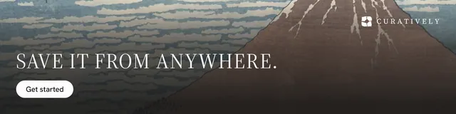 LinkedIn banner for Curatively: "Save it from anywhere." Photo poster style, skeleton layout, dark palette in grey, black.