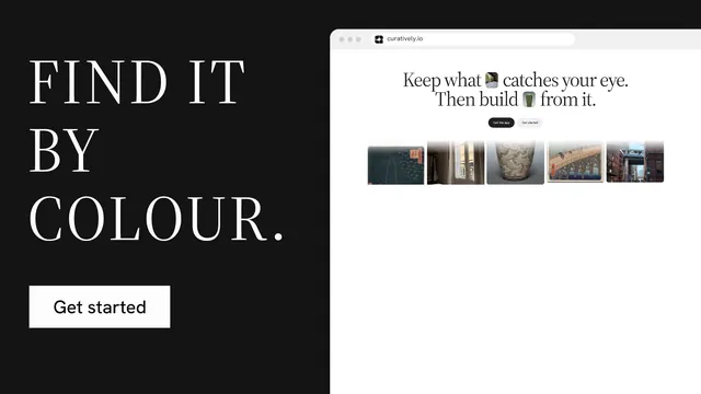 Landscape graphic for Curatively: "Find it by colour." Split block style, browser layout, light palette in white, black.