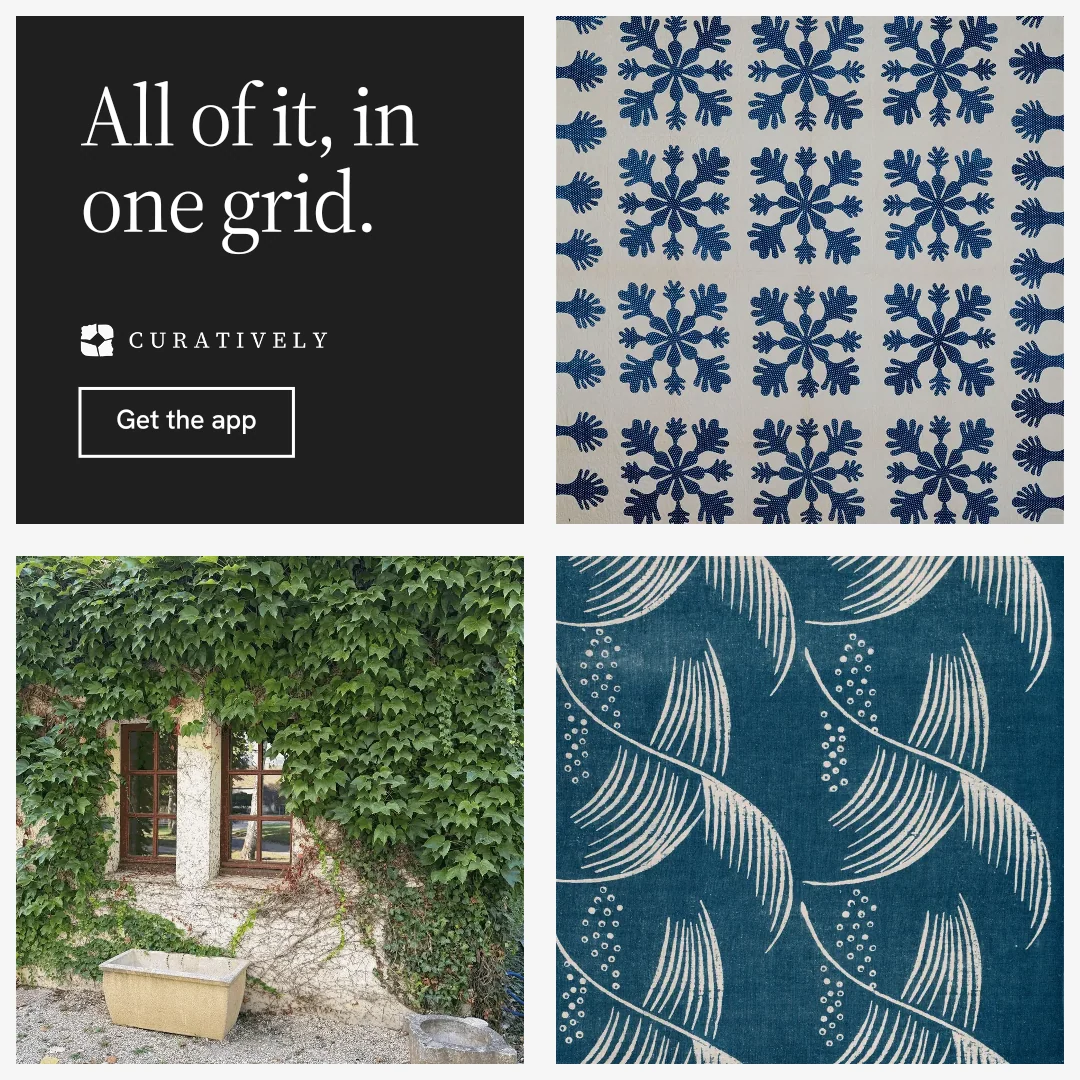 Instagram post for Curatively: "All of it, in one grid." Editorial style, collage layout, light palette in grey, black, blue.
