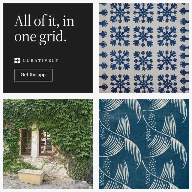 Instagram post for Curatively: "All of it, in one grid." Editorial style, collage layout, light palette in grey, black, blue.