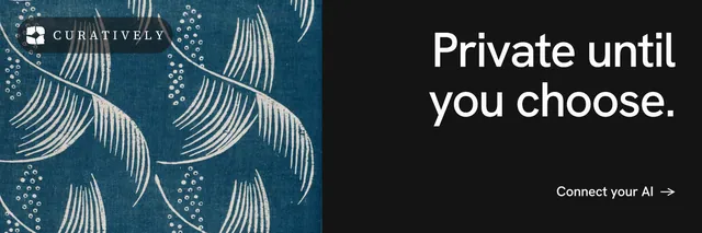 X header for Curatively: "Private until you choose." Minimal luxury style, right layout, dark palette in black, blue, grey.