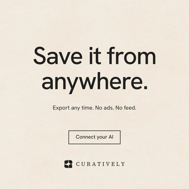 Instagram post for Curatively: "Save it from anywhere." Editorial style, centred layout, light palette in orange, grey.