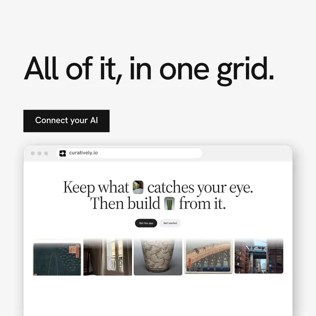 Instagram post for Curatively: "All of it, in one grid." Swiss style, browser layout, light palette in white, grey.