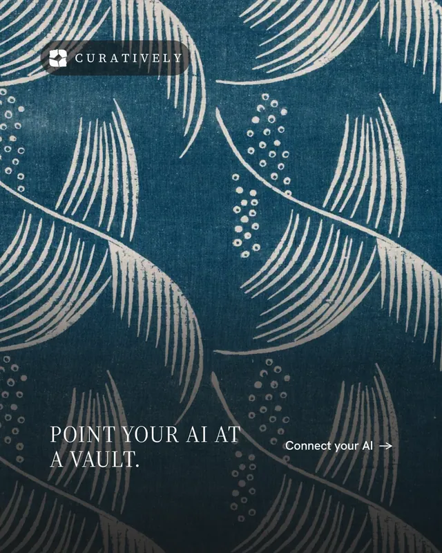 Instagram portrait post for Curatively: "Point your AI at a vault." Editorial style, image led layout, dark palette in blue, grey.