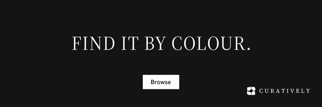 X header for Curatively: "Find it by colour." Split block style, centred layout, dark palette in black.
