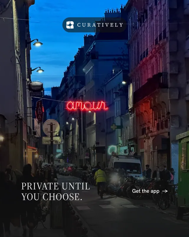 Instagram portrait post for Curatively: "Private until you choose." Editorial style, image led layout, dark palette in black, blue, pink.