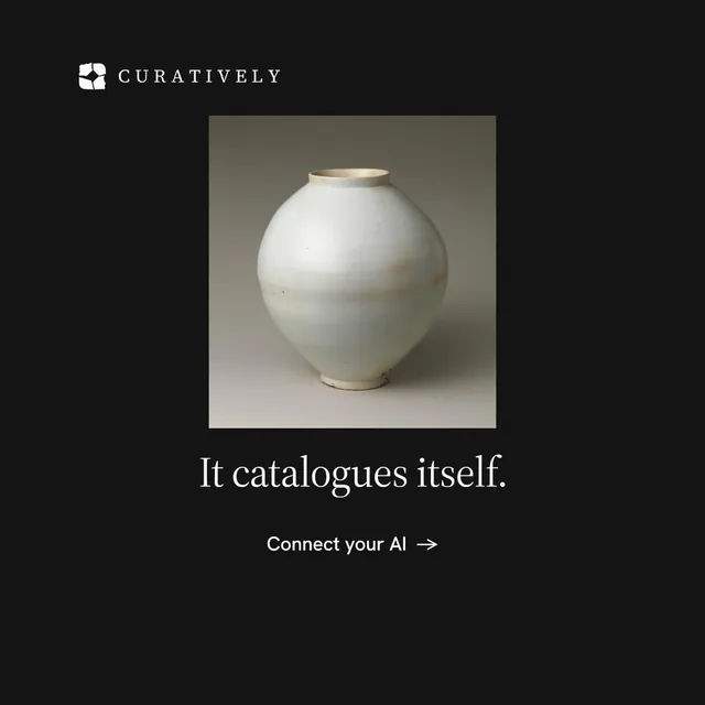 Instagram post for Curatively: "It catalogues itself." Minimal luxury style, skeleton layout, dark palette in black, grey.