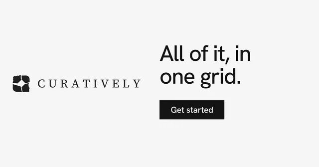 Social ad for Curatively: "All of it, in one grid." Swiss style, logo hero layout, light palette in white.