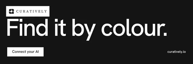 X header for Curatively: "Find it by colour." Swiss style, poster layout, dark palette in black, grey, white.