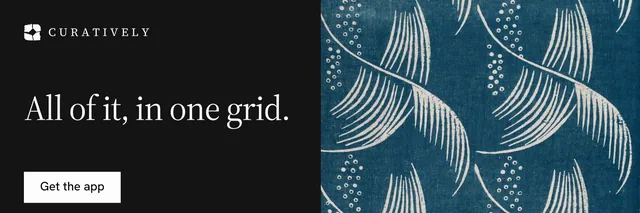 X header for Curatively: "All of it, in one grid." Split block style, bottom layout, dark palette in black, blue, grey.