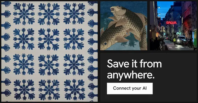Social ad for Curatively: "Save it from anywhere." Swiss style, collage layout, dark palette in grey, black, blue.
